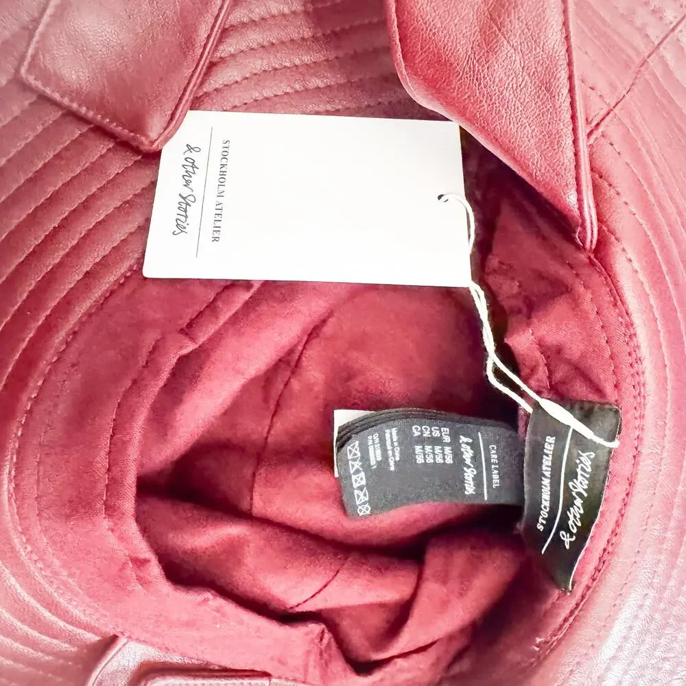& Other Stories Burgundy Faux Leather Bucket Hat Wide Topstitch Brim Side Straps